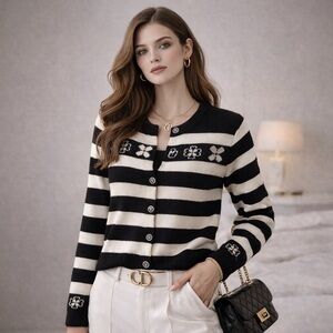Dior Vibe Black Ivory Stripe Knit Cardigan Crystal Button 2025 New Women’s S